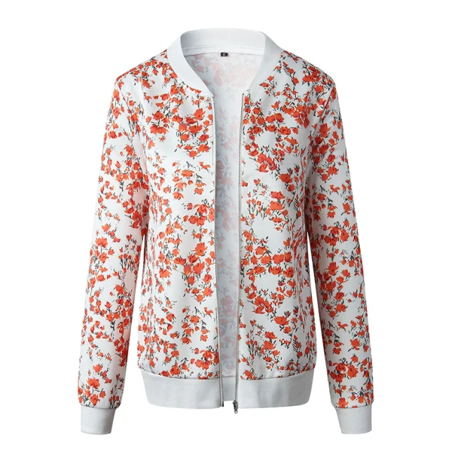 Women Jackets Retro Floral Printed Ladies Zipper Up Bomber Outwear Spring Long Sleeve Short Thin Slim Casual Pocket Biker Coats