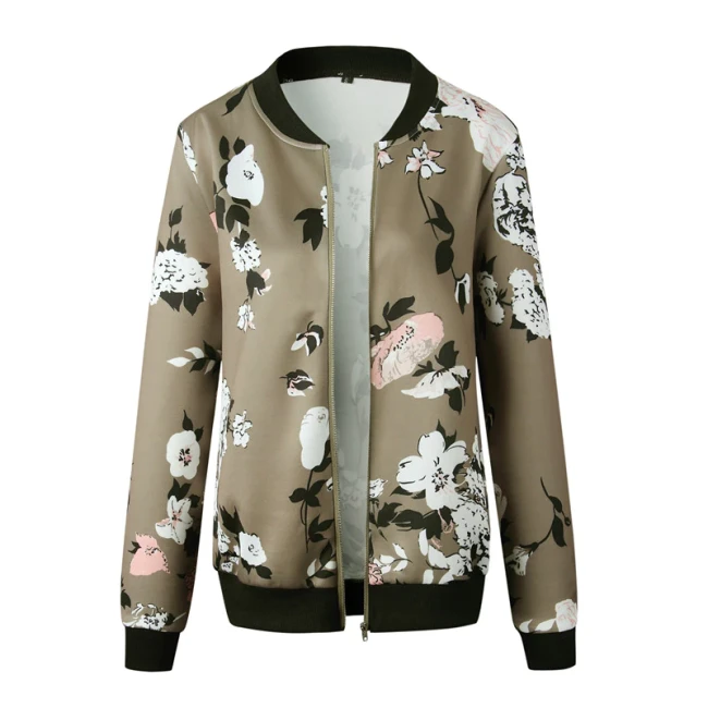 Women Jackets Retro Floral Printed Ladies Zipper Up Bomber Outwear Spring Long Sleeve Short Thin Slim Casual Pocket Biker Coats