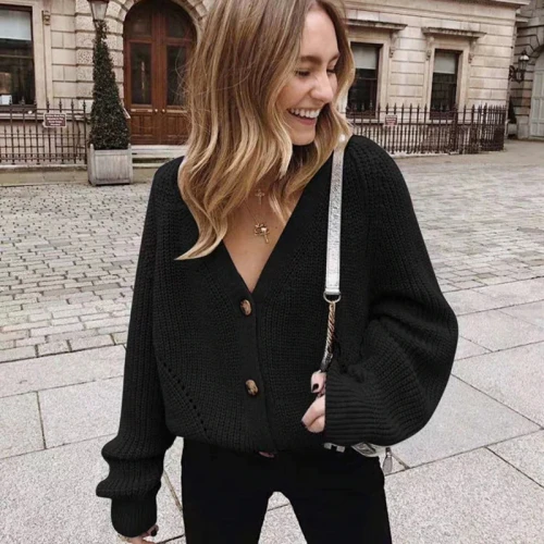 Women Knitted Cardigans Sweater Fashion Autumn Long Sleeve Loose Coat Casual Button Thick V Neck Solid Female Tops 2021