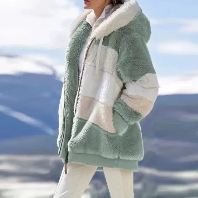 2020 Winter Women Coat Fashion Plush Patchwork Zipper Pocket Hooded Jacket Lady Long Sleeve Plus Size Loose Warm Outerwear