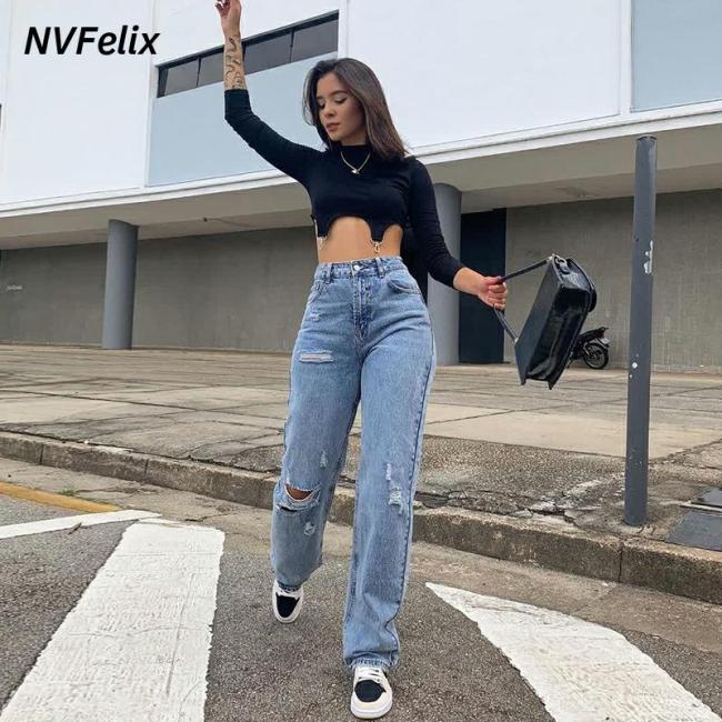 2021 Fashion Rippde Jeans Women High Waist Straight Denim Mom Pants Baggy Jeans Women Washed Blue Casual Female Cotton Pants New