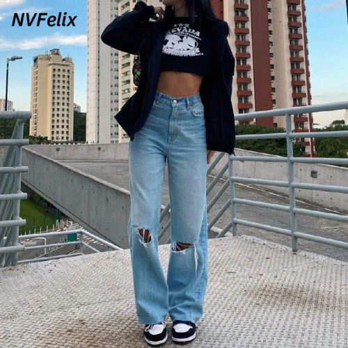 Classic Straight Jeans For Women Ripped Loose Casual Mom Baggy Pants High Waist Wash Wide Leg Streetwear Denim Fashion Trousers