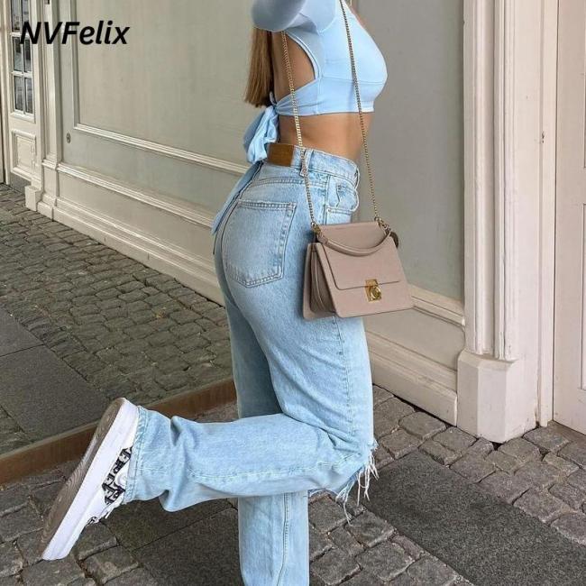 Womens Loose Fit Jeans 2021 Ripped Wide Leg For Women High Waist Blue Wash Casual Cotton Denim Trousers Summer Baggy Jean Pants