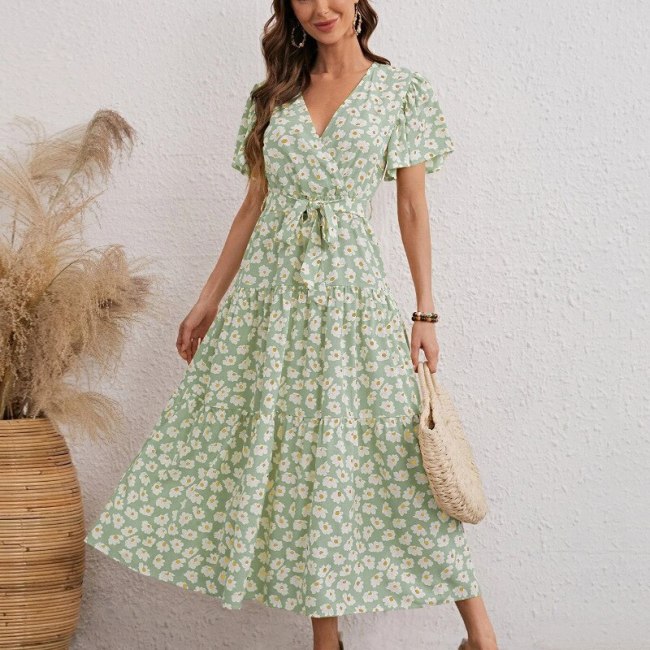 Summer Casual Floral Printed Long Maxi Dress Women Butterfly Short Sleeve Dress Female A Line Dresses With Sashes