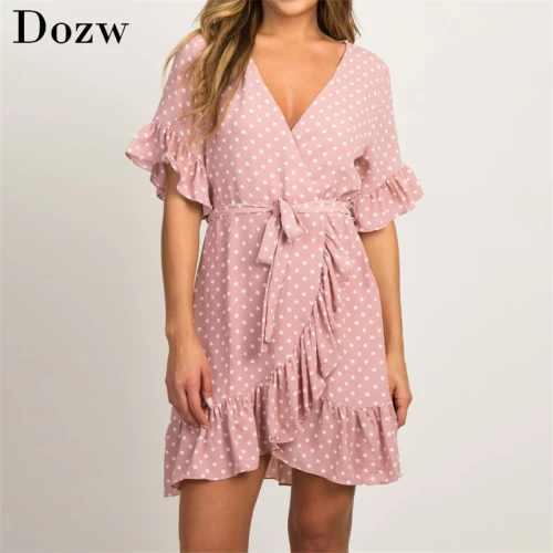 Summer Chiffon Dress 2020 Boho Style Beach Dress Fashion Short Sleeve V-neck Polka Dot A-line Party Dress Sundress Vestidos