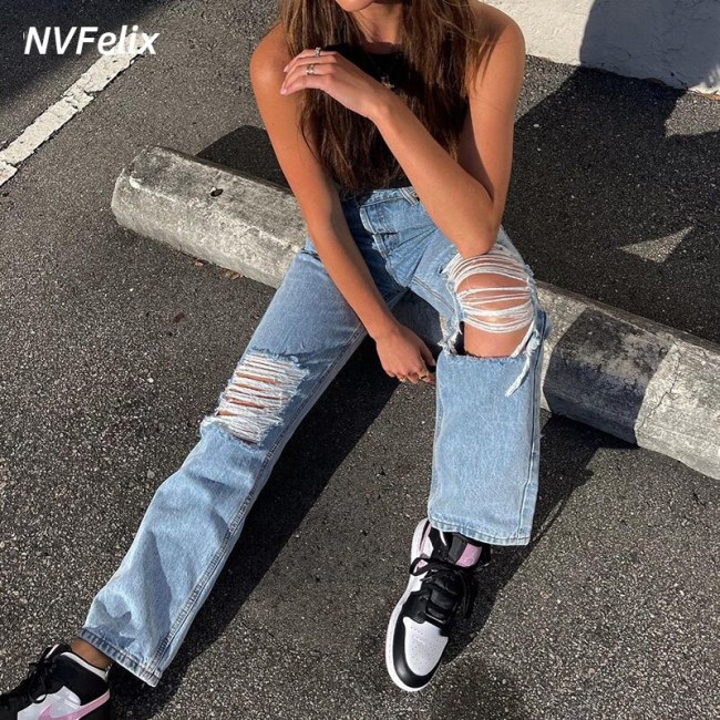 2021 Fashion Ripped Jeans Women High Waist Classic Straight Leg Baggy Jeans Mom Denim Pants Casual Washed Boyfriend Trousers New
