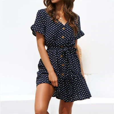 Summer Chiffon Dress Polka Dot Boho Beach Dress Vintage Ruffles Short Sleeve A-Line Party Mini Dress Sundress Vestidos Plus Size