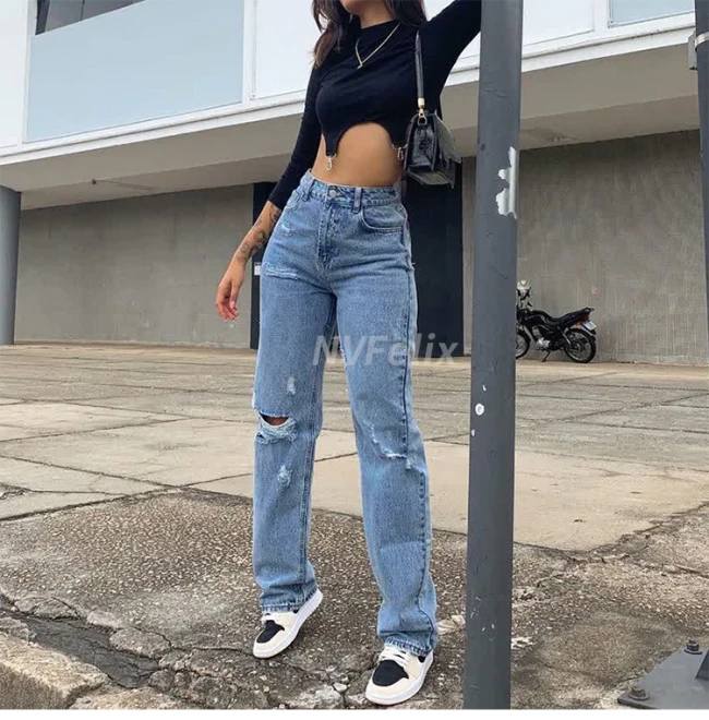 2021 Fashion Rippde Jeans Women High Waist Straight Denim Mom Pants Baggy Jeans Women Washed Blue Casual Female Cotton Pants New