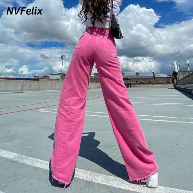 Solid Color Full Length Wide Leg Jeans Straight Loose Denim Pants High Waist Five Pocket Jeans Streetwear Fashion Femme Trousers