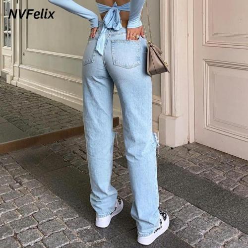 Womens Loose Fit Jeans 2021 Ripped Wide Leg For Women High Waist Blue Wash Casual Cotton Denim Trousers Summer Baggy Jean Pants