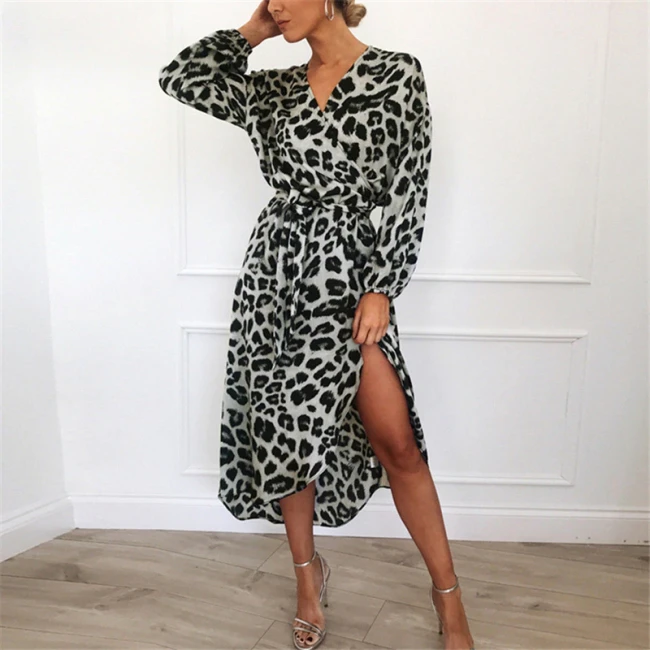 Leopard Dress 2019 Women Chiffon Long Beach Dress Loose Long Sleeve Deep V-neck A-line Sexy Party Dress Vestidos de fiesta