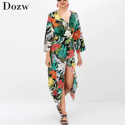 2019 Summer Chiffon Dress Women Floral Print Long Boho Beach Dress Sexy Deep V-neck Party Dress Sundress Vestidos de fista