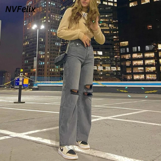 NVFelix Mom Ripped Jeans 2021 Straight Pants Black Y2k Wide Leg Loose Baggy Pants Fashion Autumn Comfortable Denim Wash Trousers