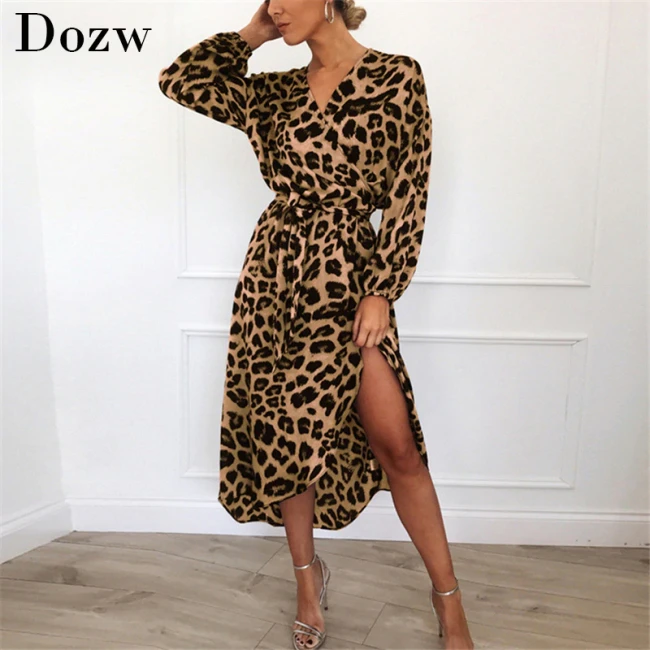Leopard Dress 2019 Women Chiffon Long Beach Dress Loose Long Sleeve Deep V-neck A-line Sexy Party Dress Vestidos de fiesta