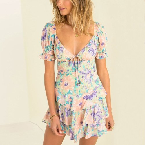 Women Summer Sexy V Neck Beach Dress Floral Printed A Line Ruffle Mini Dress Female Bow Tie Short Sleeve Party Dresses