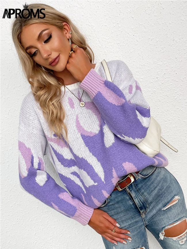 Elegant Purple Tie Dye Knitted Oversized Pullovers Women 2021 Winter Streetwear Fashion Warm Sweaters Plus Size Jumpers