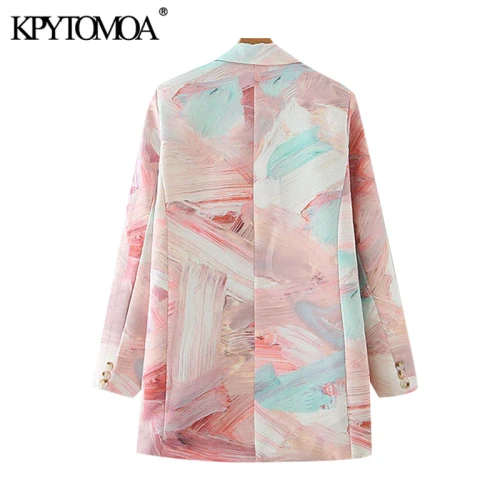 Women Fashion Double Breasted Graffiti Print Blazers Coat Vintage Long Sleeve Pockets Female Outerwear Chic Tops