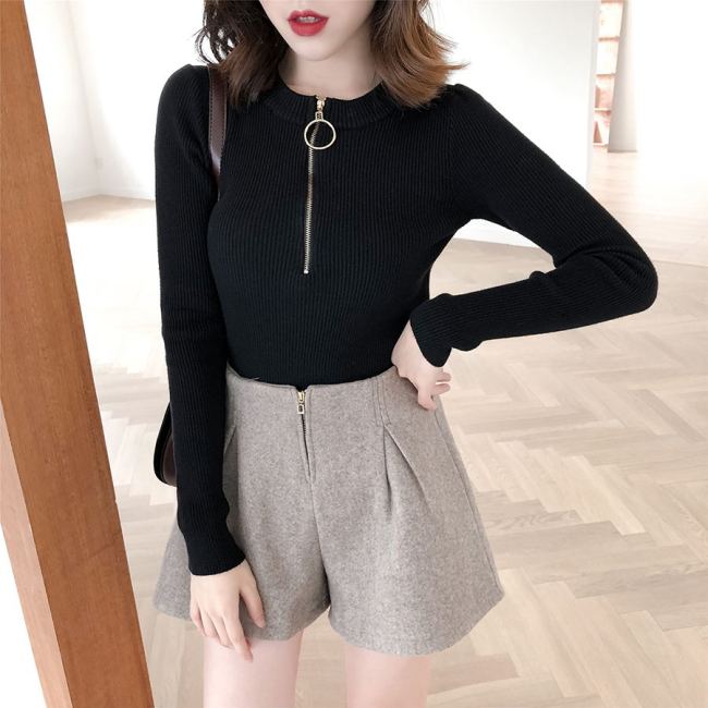 Pullover Sweaters Fashion 2018 Women Spring Autumn Long Sleeve Casual Jumper Ladies Zipper Slim Fit Knitted Sweater White Black