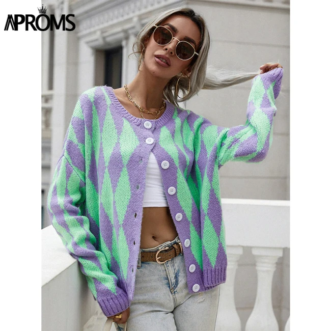 Vintage Green Purple Plaid Knitted Cardigan Women Winter Oversized Soft Sweater Female High Fashion Outerwear 2021