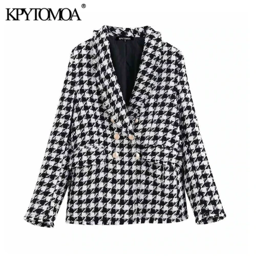 Women Fashion Double Breasted Houndstooth Tweed Blazers Coat Vintage Long Sleeve Frayed Trim Female Outerwear Chic Tops