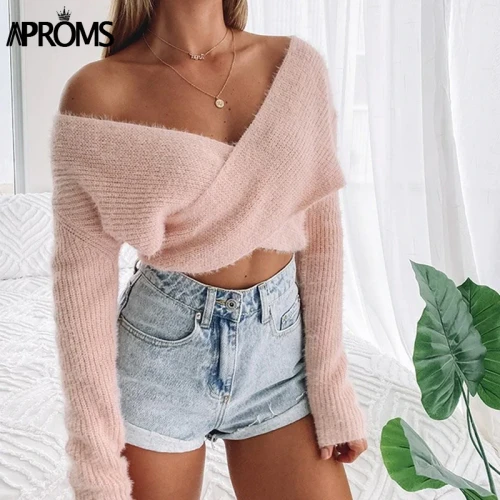 Pink Fluffy Knitted Sweater Women Autumn Winter V-neck Wrap Front Basic Cropped Pullovers Fashion Outerwear Jumper 2021
