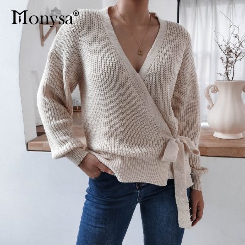 V Neck Knitted Sweater Women 2020 Fall Winter New Arrival Long Sleeve Lace-up Sweaters Ladies Casual Knitwear