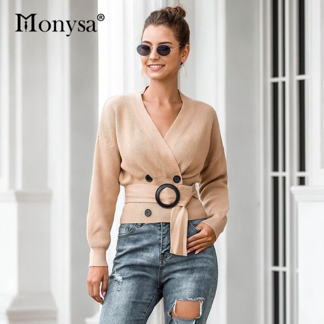 Women Sweaters And Pullovers 2020 Fashion Slim Waist Buttons Long Sleeve Pullover Women Knitted Sweater Gray Khaki White Black