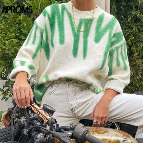 Green Stripes Print Oversized Sweaters Women Winter Korean Fashion Long Pullovers Christmas Streetwear Loose Outwear 2021