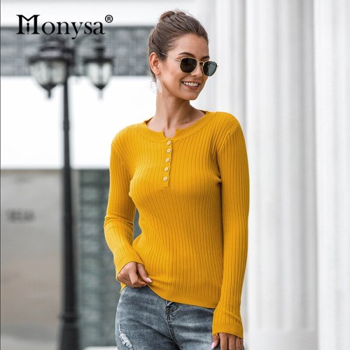 Knitted Pullovers Women 2019 Autumn Winter Clothes Fashion Buttons Long Sleeve Knit Sweaters Women Yellow White Black Pink Blue