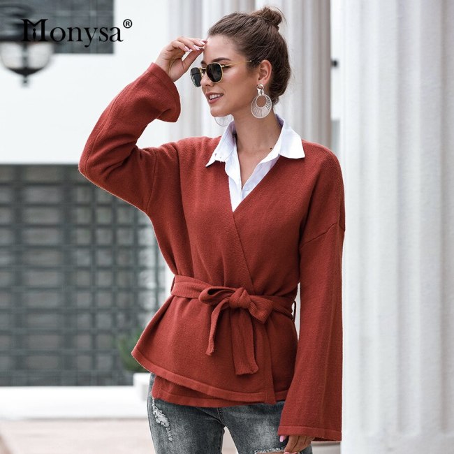 Wrap Knitted Sweaters Women 2020 Fashion V Neck Flare Long Sleeve Pullovers Women Casual Sweaters Black Gray Khaki Brown