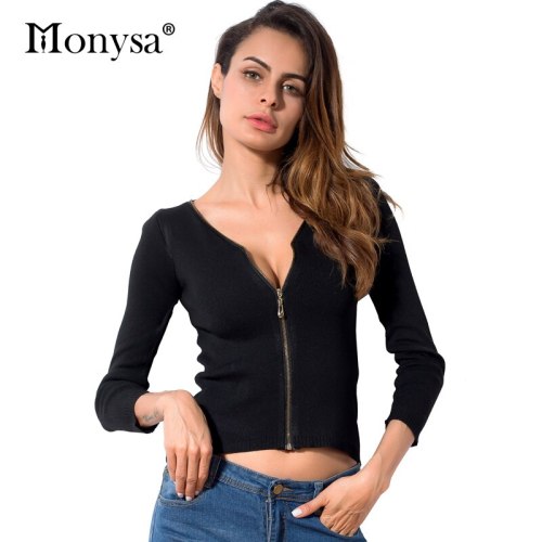 Knitted Pullover Women Clothing New Arrival 2018 Autumn Fashion Gold Zipper Long Sleeve Knitted Sweaters Women Casual Tops