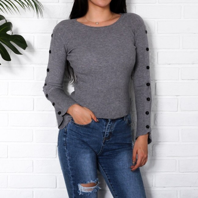 Button Flare Long Sleeve Sweater Women 2018 Fashion Knitted Sweaters And Pullovers Women Basic Jumpers Streetwear Black White