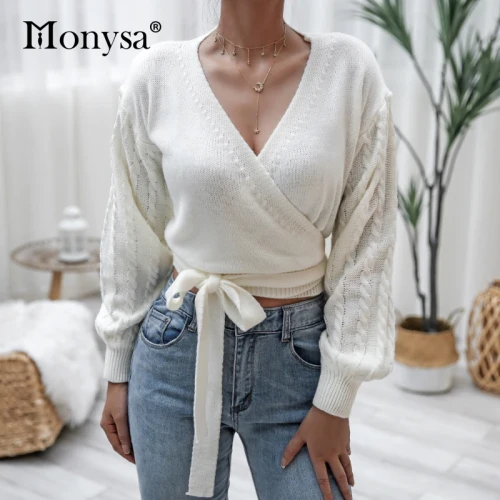 Lantern Long Sleeve Twist Sweaters For Women 2020 Fall Winter V Neck Lace Up Wrap Knitted Sweater Ladies Fashion Casual Sweater