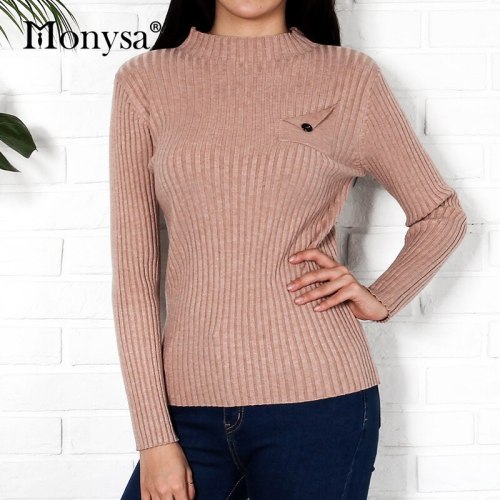 Women Pullover Knitted Sweater 2018 Autumn New Arrival Fashion Long Sleeve Pockets Jumper Ladies Knit Sweater Womens Clothes