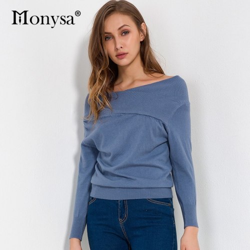 Off Shoulder Stweater Women 2017 Autumn New Arrivals Fashion Long Sleeve Jumper Ladies Streetwear Pullover Knitted Sweaters Blue