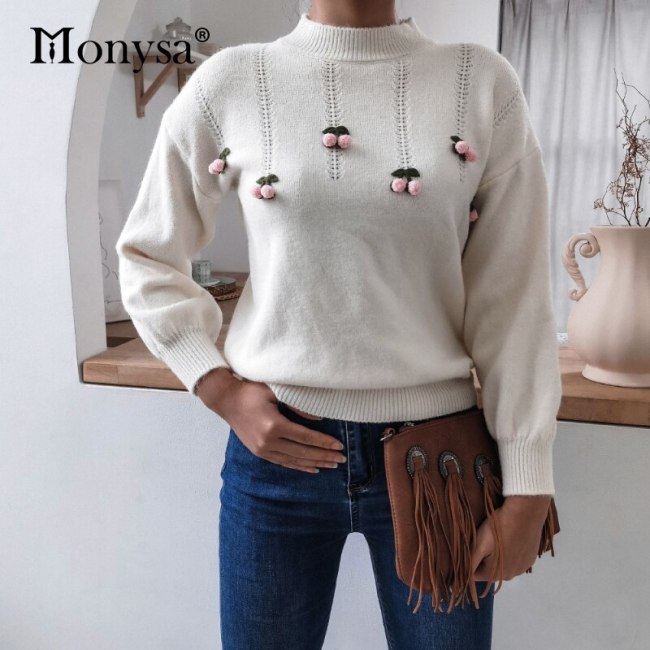 Cherry Cute Knitted Sweater Women Fall Winter 2020 New Arrival Pullover Casual Sweaters Ladies Loose Knitwear White