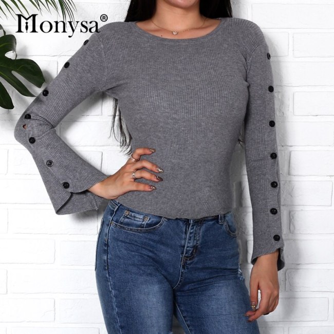 Button Flare Long Sleeve Sweater Women 2018 Fashion Knitted Sweaters And Pullovers Women Basic Jumpers Streetwear Black White