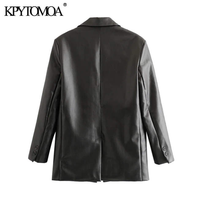 Women 2021 Fashion Faux Leather Pockets Loose Blazer Coat Vintage Long Sleeve Back Vents Female Outerwear Chic Tops