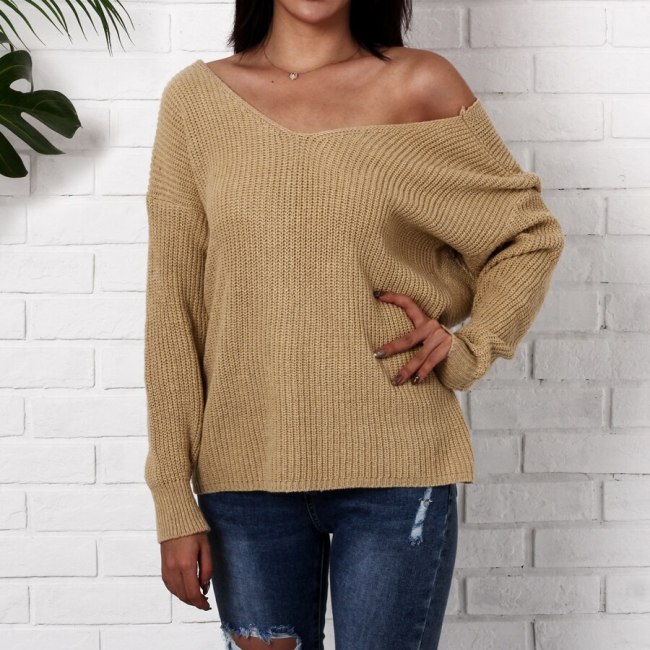 Sexy Criss Cross Backless Knitted Sweater Women 2018 Autumn Winter Fashion Long Sleeve Loose Pullovers Oversized Sweater Khaki