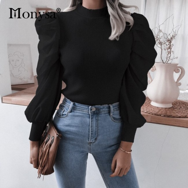 Vintage Fashion Knitted Top Women Spring Autumn 2020 Puff Long Sleeve Patchwork Knitted Sweater Ladies Knitting White Black