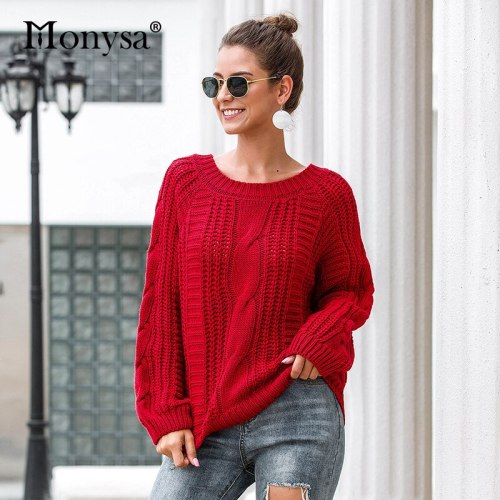 Christmas Sweaters Women Winter Clothes 2019 Fashion Long Sleeve Twisted Knitted Sweaters And Pullovers Women Red Black White