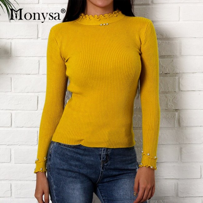 Women Pullovers And Sweaters 2018 Autumn Fashion Ruffle O Neck Long Sleeve Knitted Sweaters Womens Jumpers Casual Pearl Sweater