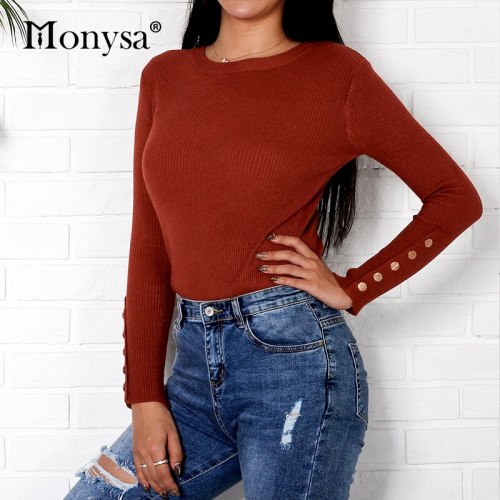 Buttons Knitted Sweaters Women 2018 Fashion O Neck Long Sleeve Pullovers Women Basic Knitwear Jumpers Khaki Black Pink White