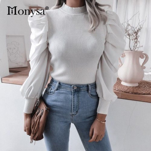 Vintage Fashion Knitted Top Women Spring Autumn 2020 Puff Long Sleeve Patchwork Knitted Sweater Ladies Knitting White Black