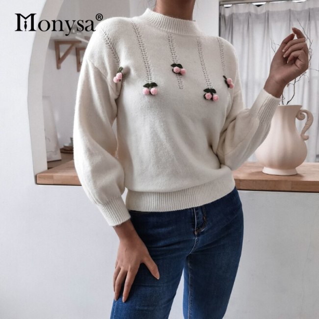 Cherry Cute Knitted Sweater Women Fall Winter 2020 New Arrival Pullover Casual Sweaters Ladies Loose Knitwear White