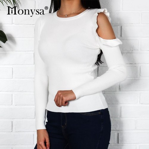 Off Shoulder Sweaters Women Knitted Pullovers 2018 Autumn Fashion Ruffle Long Sleeve Jumpers Women Casual Sweetwear Black White