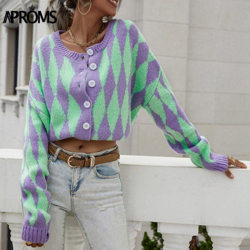 Vintage Green Purple Plaid Knitted Cardigan Women Winter Oversized Soft Sweater Female High Fashion Outerwear 2021