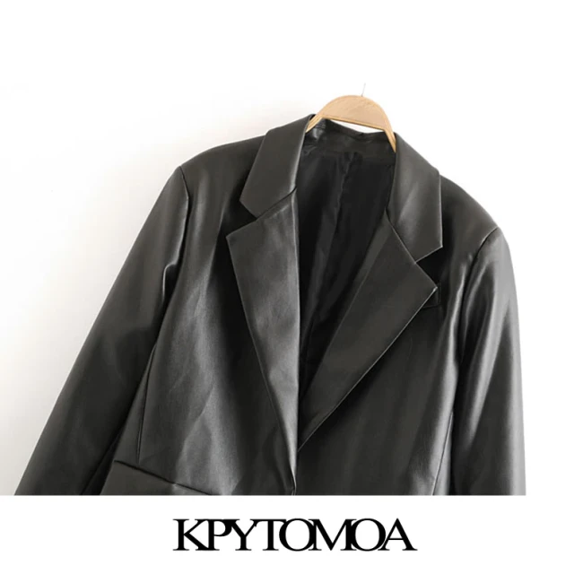 Women 2021 Fashion Faux Leather Pockets Loose Blazer Coat Vintage Long Sleeve Back Vents Female Outerwear Chic Tops