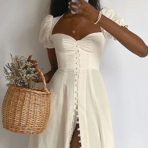 Summer Women White Dress Button Midi Sexy Dress Puff sleeve High Split Casual Solid Dresses 2021 Vestidos Robe