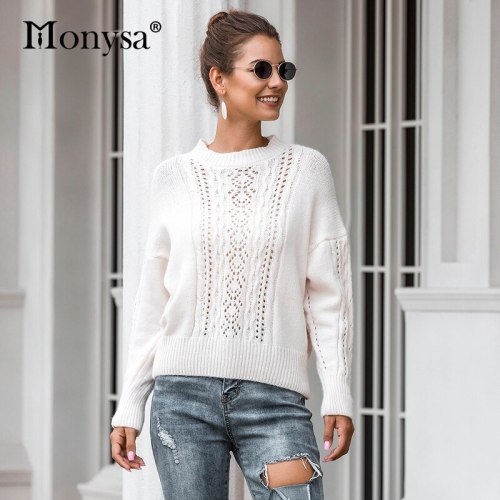 White Twisted Sweaters Women Autumn Winter Clothes 2019 Fashion Hollow Out Long Sleeve Knitted Sweaters And Pullovers Women